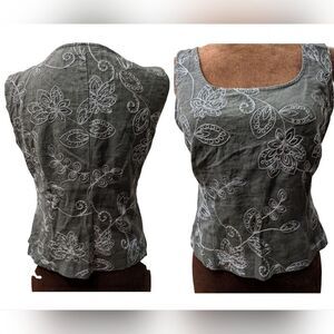 Taupe Linen blend fitted embroidered top size 6